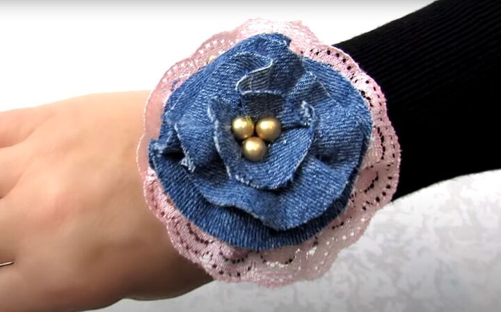 how to make a diy denim bracelet with a cute flower design, DIY denim bracelet