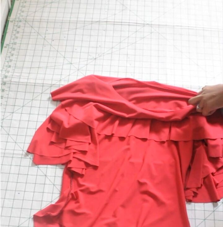 how to make a bodysuit with cute off the shoulder ruffles, Attaching the neckline ruffle to the bodysuit