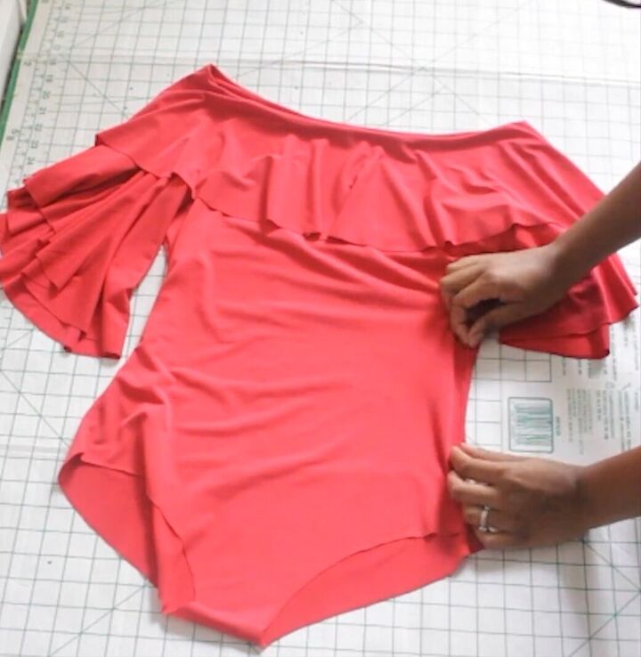 how to make a bodysuit with cute off the shoulder ruffles, Hemming the edges