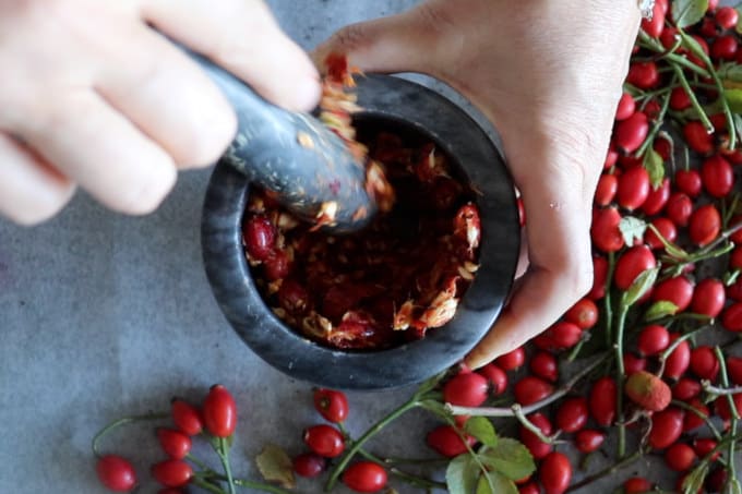 how to make rosehip oil to heal your skin, mashing rosehips in the mortar to release their medicinal properties