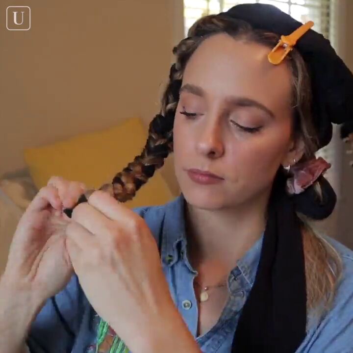 how to curl your hair overnight with pantyhose or a robe tie, Tying off the braid with a hair tie