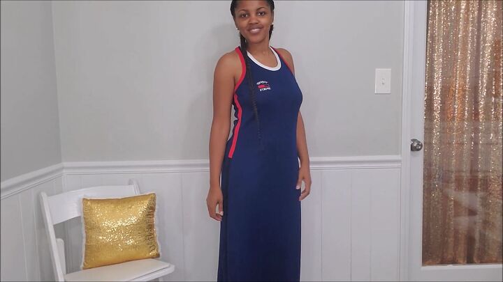 how to make a jumpsuit out of a long dress quickly easily, Maxi dress before the DIY