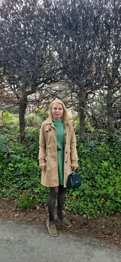 trench coat styling ideas, Green and brown look good together