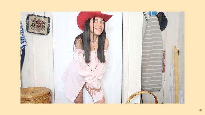 how to make a cute diy off shoulder dress out of a men s shirt, DIY off shoulder dress with a cowboy hat