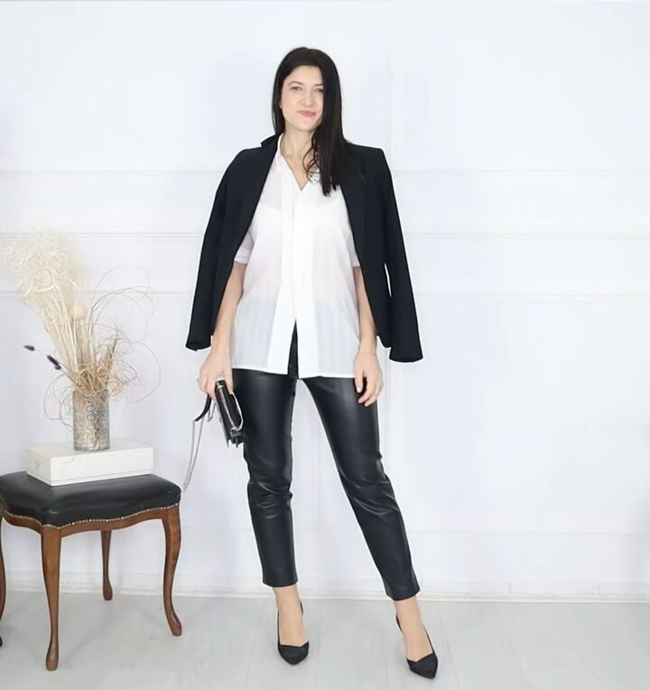 how to wear a structured blazer 7 on trend black blazer outfits, ow to wear a black blazer with faux leather pants