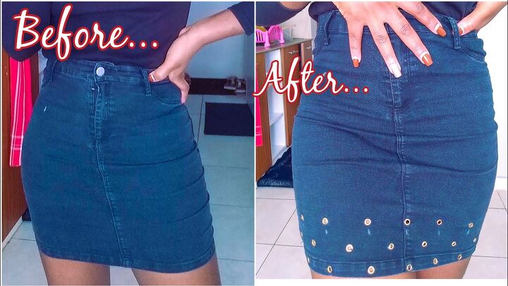 how to add eyelets to fabric to create a cool denim skirt design, Add eyelets to fabric
