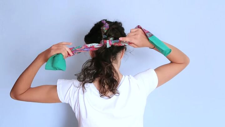 how to braid a scarf into hair for a quick easy summer hairstyle, Securing the scarf hair braid