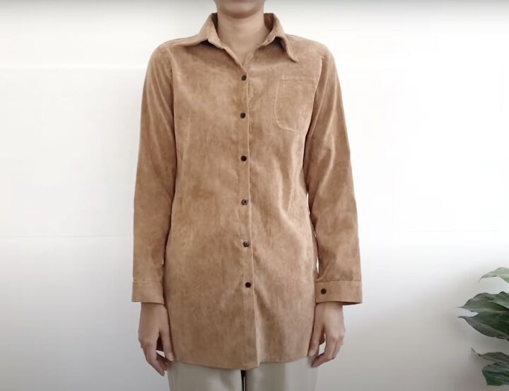 how to make a jacket from old clothes with faux sherpa lining, Old corduroy shirt before the DIY