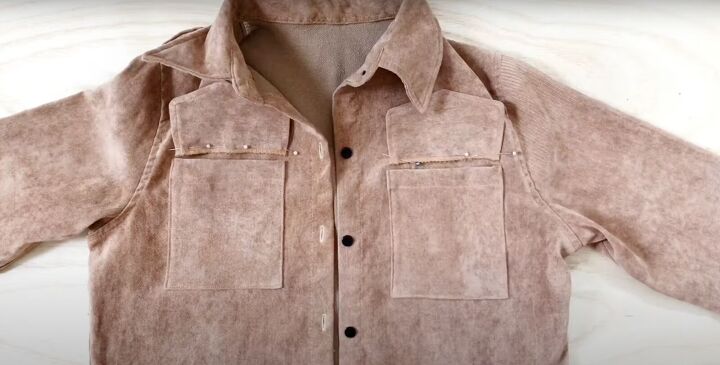 how to make a jacket from old clothes with faux sherpa lining, Sewing the pocket flaps to the DIY jacket