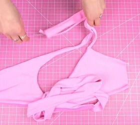how to make a wrap bikini top with a unique asymmetrical design, Sewing the side seams of the bikini top