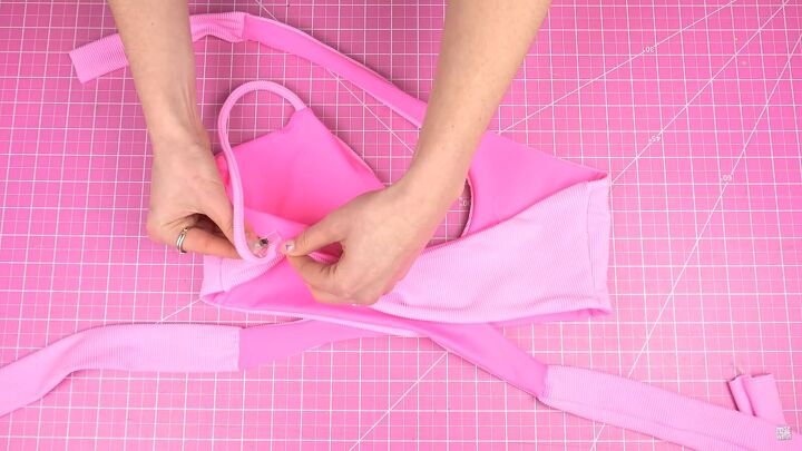 how to make a wrap bikini top with a unique asymmetrical design, Sewing the thin strap