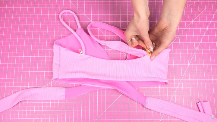 how to make a wrap bikini top with a unique asymmetrical design, Sewing the thick strap