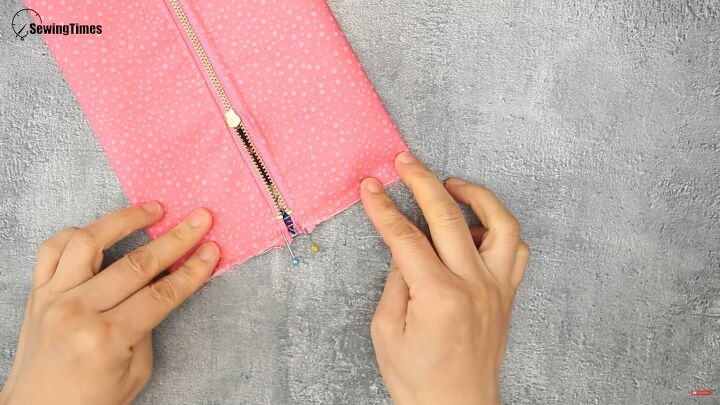 how to sew a cute diy cosmetic bag for carrying makeup, Pinning the loose tails or the zipper