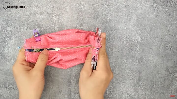 how to sew a cute diy cosmetic bag for carrying makeup, Clipped layers at both ends