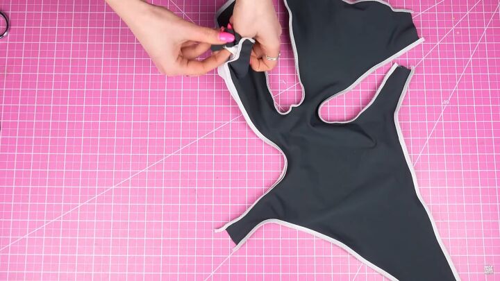 how to make your own swimsuit with a sexy cutout keyhole design, Tucking the straps into the front piece