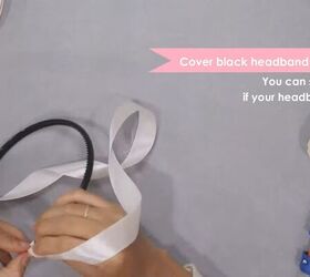 how to make a cute diy scrunchie headband with linen fabric, Gluing white ribbon to the headband