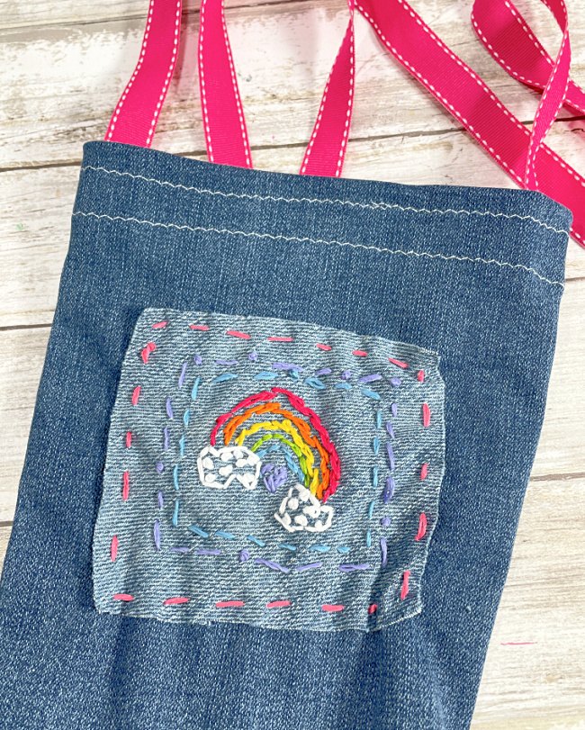 recycled jean bag with simple embroidery designs for kids