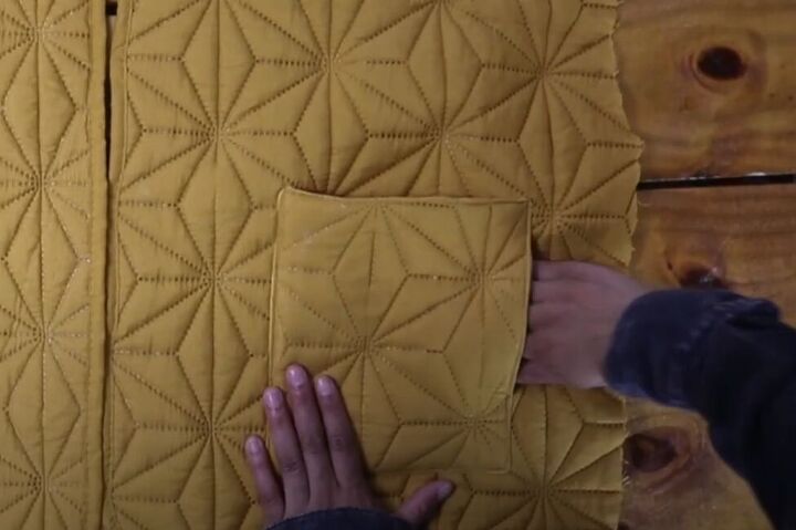 how to make a quilted jacket for spring using a thrift store blanket, Pinning the pockets to the jacket