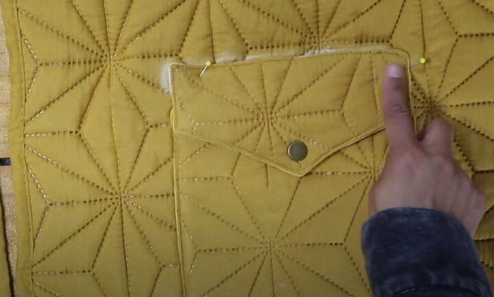 how to make a quilted jacket for spring using a thrift store blanket, Adding a snap closure and sewing the pockets
