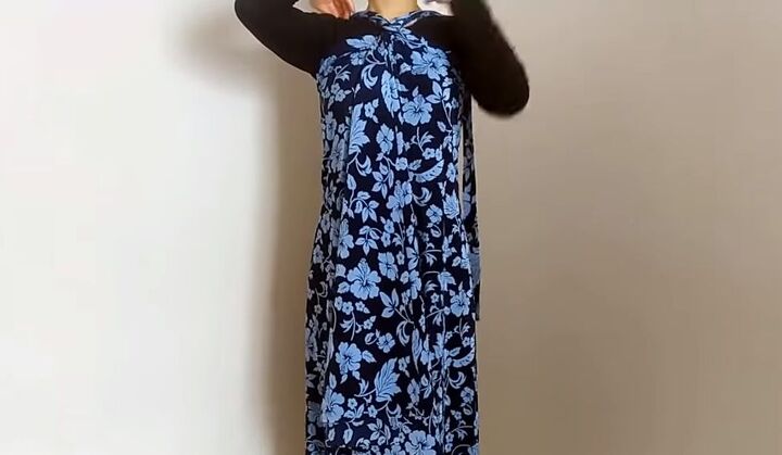 how to easily make a diy convertible dress you can wear 5 ways, Criss crossing the ties at the front