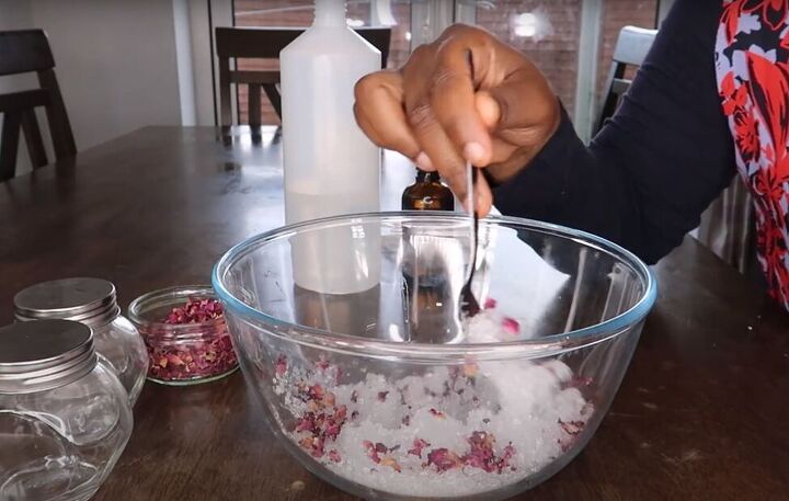 how to make homemade bath salts with rose petals great gift idea, Mixing the DIY bath salts