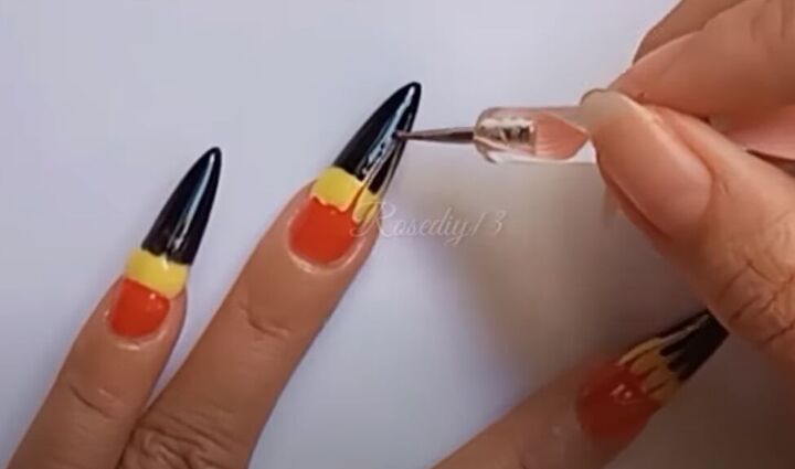 how to do easy diy gel nail art in fiery orange yellow black, Gel nail art ideas
