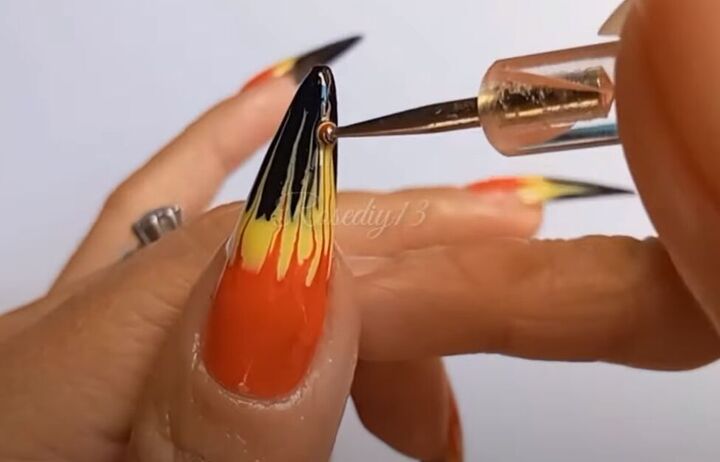 how to do easy diy gel nail art in fiery orange yellow black, Gel nail designs orange yellow and black