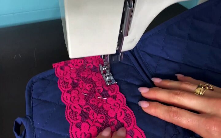 how to sew a cute zipper pouch using 2 dollar store potholders, Sewing lace to the zipper pouch