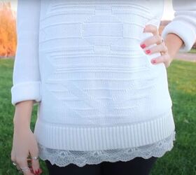 2 easy clothing upcycles diy lace trim sweater ribbon back dress, DIY lace trim sweater