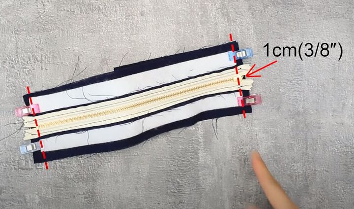 how to make a mini purse with a zipper lining in 7 simple steps, Pinning the zipper to the fabric