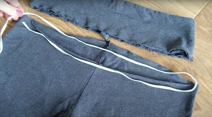 2 quick easy upcycling ideas diy fur collar strappy leggings, Removing the waistband from the leggings
