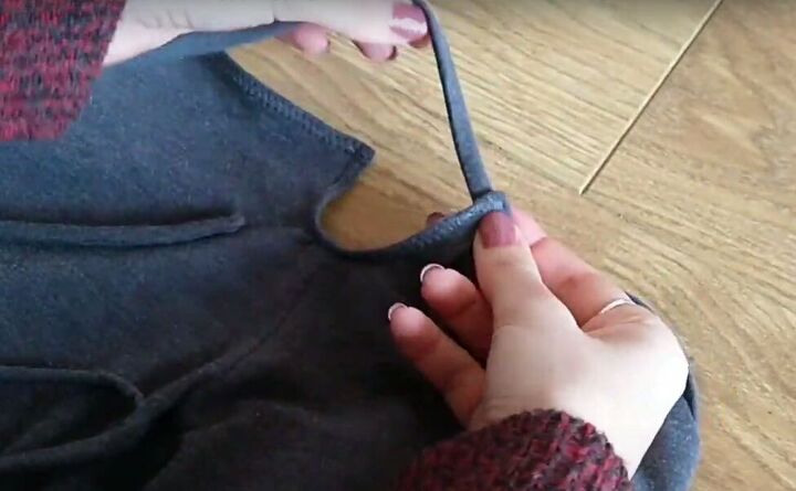 2 quick easy upcycling ideas diy fur collar strappy leggings, Attaching the strips to the leggings opening