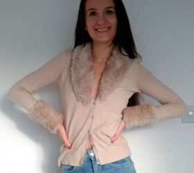 2 quick easy upcycling ideas diy fur collar strappy leggings, Cardigan with a DIY fur collar and cuffs