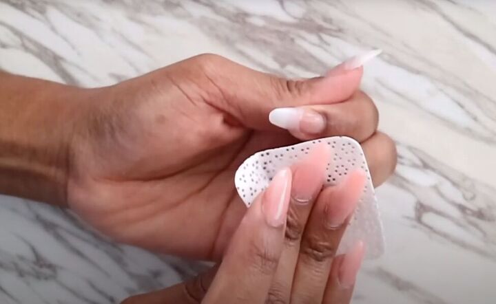 how to do diy polygel nails using nail tips from the dollar tree, Removing the sticking residue