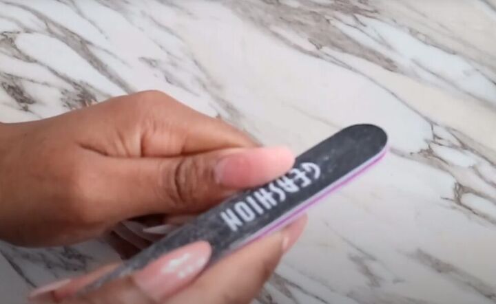 how to do diy polygel nails using nail tips from the dollar tree, Filing and buffing nails