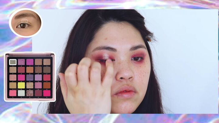 how to do sexy dramatic fox eye makeup with pops of pink purple, Applying a shimmery green highlight