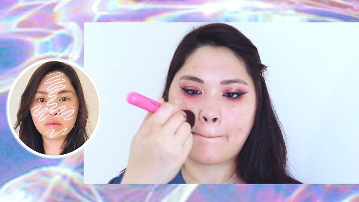 how to do sexy dramatic fox eye makeup with pops of pink purple, Applying BB cream with a brush
