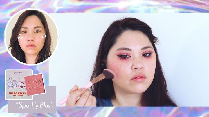 how to do sexy dramatic fox eye makeup with pops of pink purple, Applying blush with an angled brush