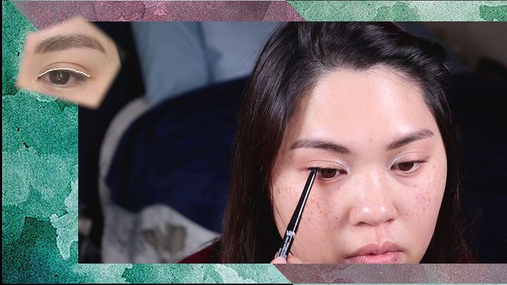 how to do the popular white dot eyeliner trend from tiktok, Applying black eyeliner to to the waterline