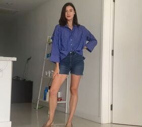 20 easy work from home outfits that balance comfy with professional, Denim shorts with a button up top