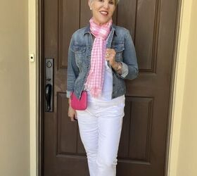 how to wear color five ways, In this second outfit I pumped the color up a bit by adding a neutral colored denim jacket with the same tank jeans sandals and jewelry as outfit 1 but this time I added a bright pink cross body bag to wear together with the softer pink and white scarf Pro tip It s a small accessory so it won t overwhelm the color adverse people
