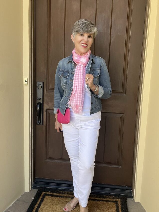 how to wear color five ways, In this second outfit I pumped the color up a bit by adding a neutral colored denim jacket with the same tank jeans sandals and jewelry as outfit 1 but this time I added a bright pink cross body bag to wear together with the softer pink and white scarf Pro tip It s a small accessory so it won t overwhelm the color adverse people