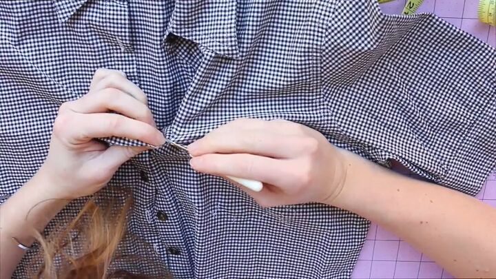 how to sew a cute summer top out of an old gingham shirt, Removing the pocket from the shirt