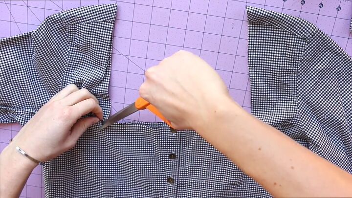 how to sew a cute summer top out of an old gingham shirt, Cutting slits on the corners