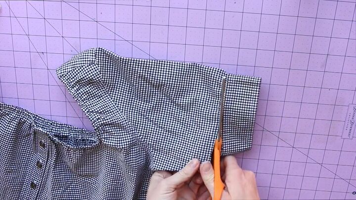 how to sew a cute summer top out of an old gingham shirt, Removing cuffs from the sleeves