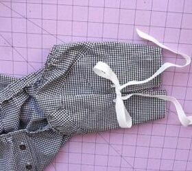 how to sew a cute summer top out of an old gingham shirt, Lacing white ribbon through the sleeves