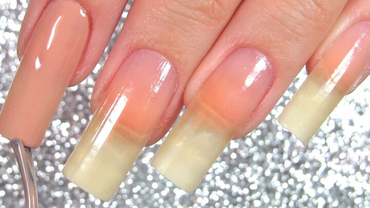 how to create pretty chevron nail designs with nail tape, Applying a beige base color to nails
