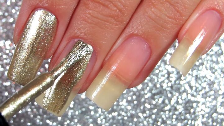how to do elegant white gold nails with a half moon manicure, Paining nails gold
