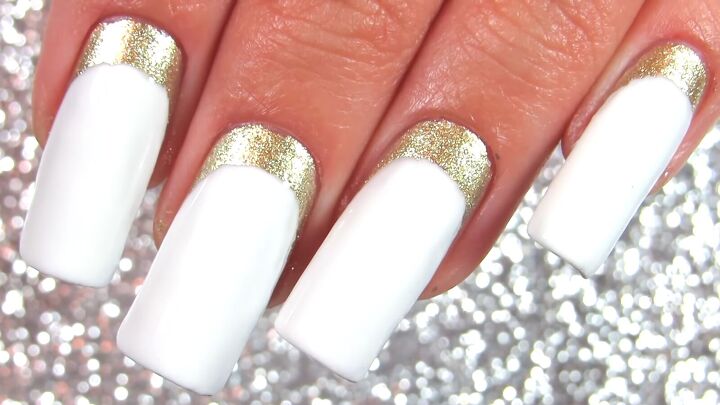 how to do elegant white gold nails with a half moon manicure, Half moon white and gold nails