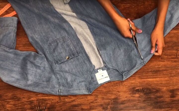 how to make a cute diy matching set out of old denim, Cutting up the denim shirt